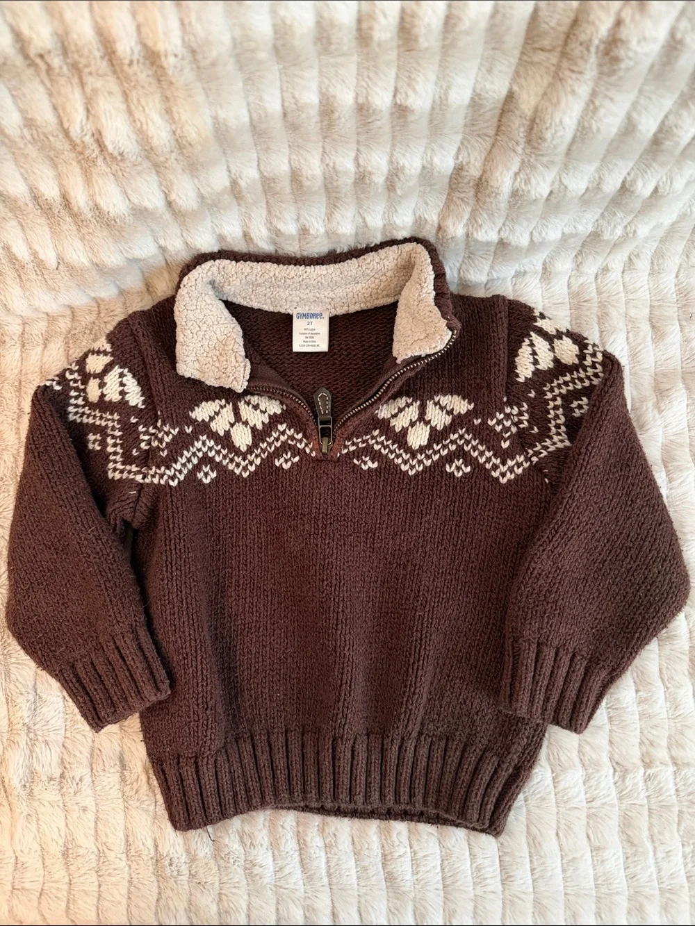 Gymboree Brown Knit Zip Sweater with Cream Fair Isle Accents